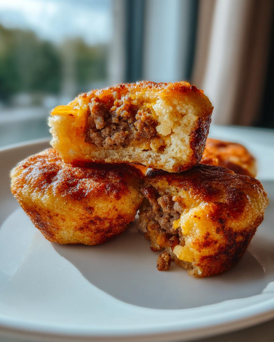 Close-up of golden-brown McGriddle Bites stacked on a white plate, one cut open revealing sausage filling.