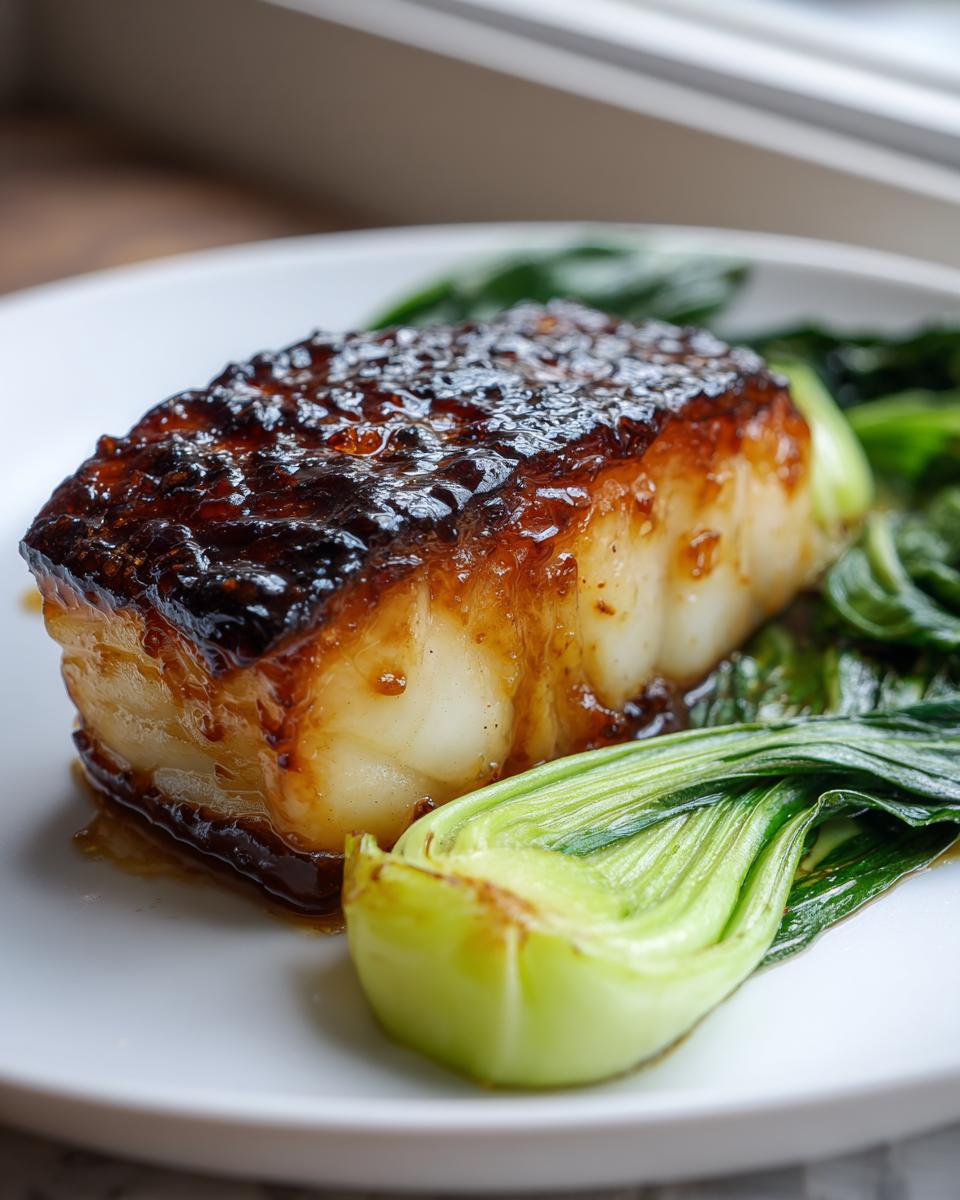 Close-up of a flaky miso glazed chilean sea bass recipe fillet served with vibrant green bok choy on a white plate.