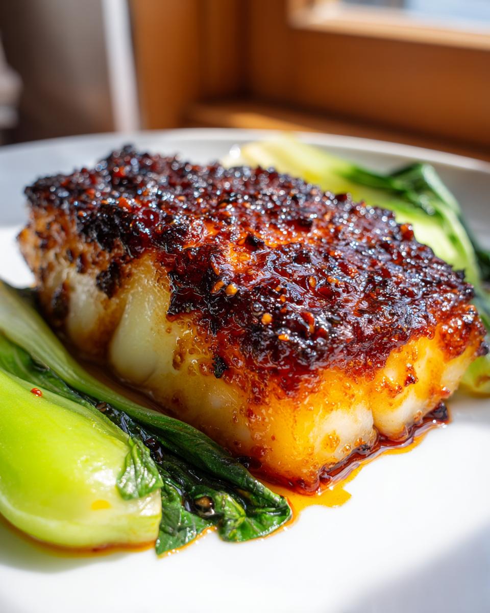 Close-up of a perfectly cooked miso glazed chilean sea bass recipe fillet served with bright green steamed bok choy.