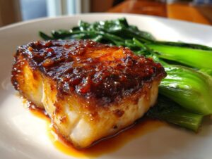 Close-up of a perfectly cooked piece of miso glazed chilean sea bass recipe served with bright green steamed bok choy.