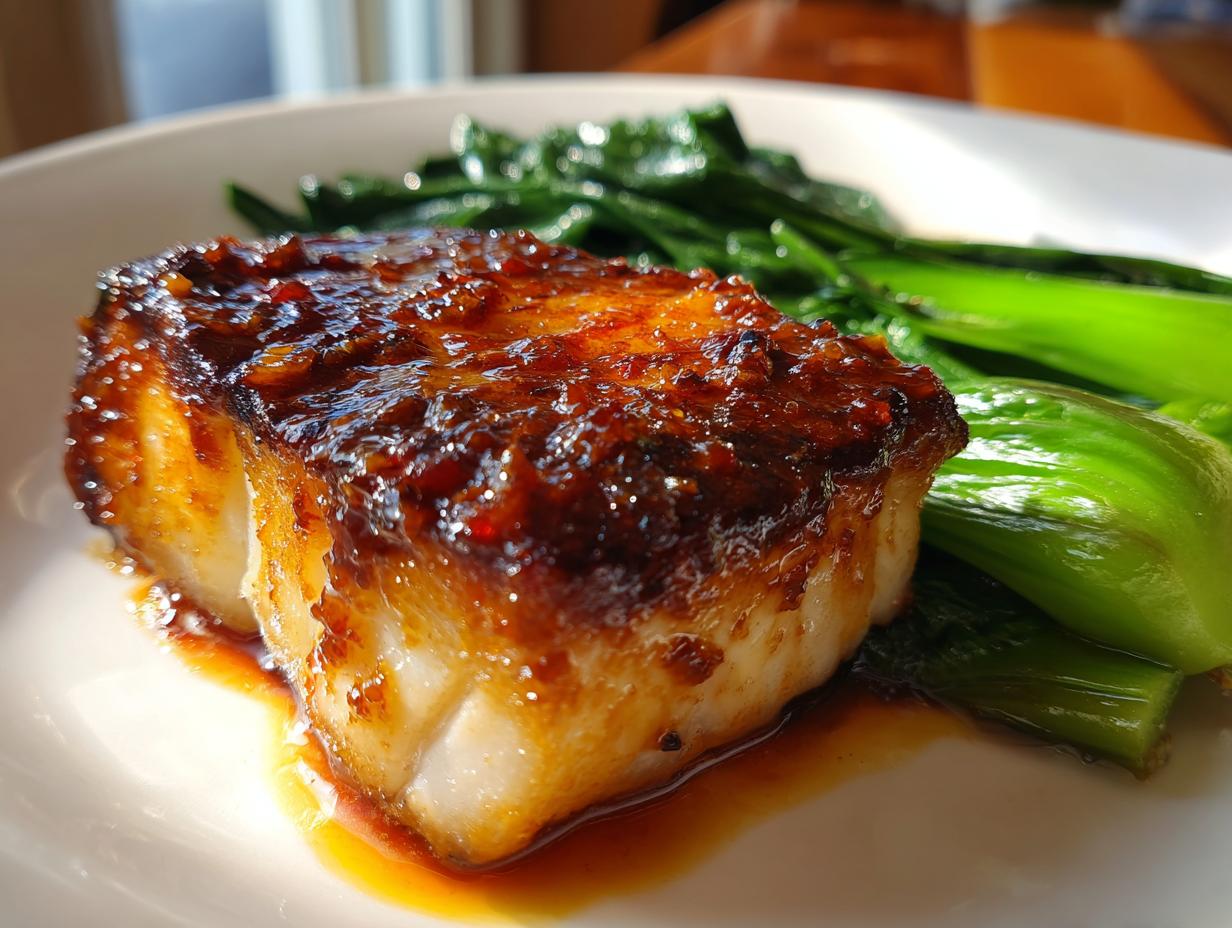 Close-up of a perfectly cooked piece of miso glazed chilean sea bass recipe served with bright green steamed bok choy.