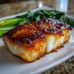 A thick, flaky piece of miso glazed chilean sea bass with a rich, caramelized topping served with green vegetables.