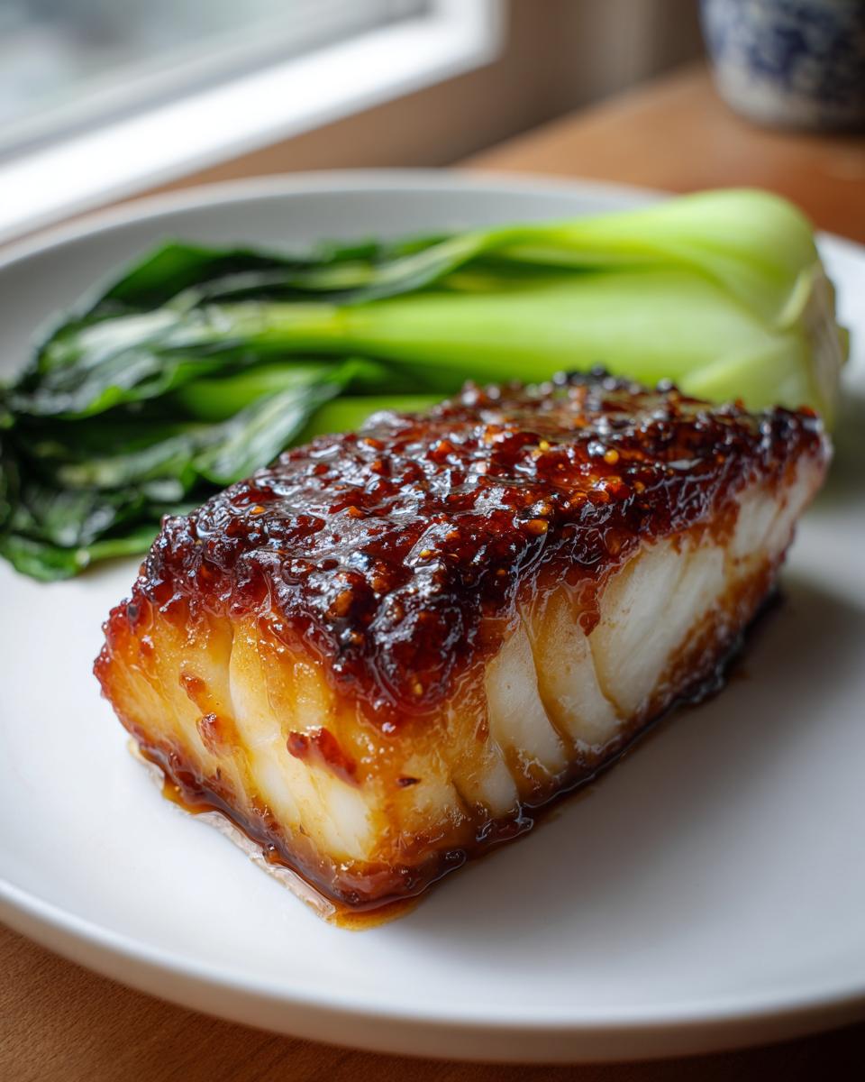 Close-up of a perfectly cooked miso glazed chilean sea bass recipe fillet served with bright green bok choy.