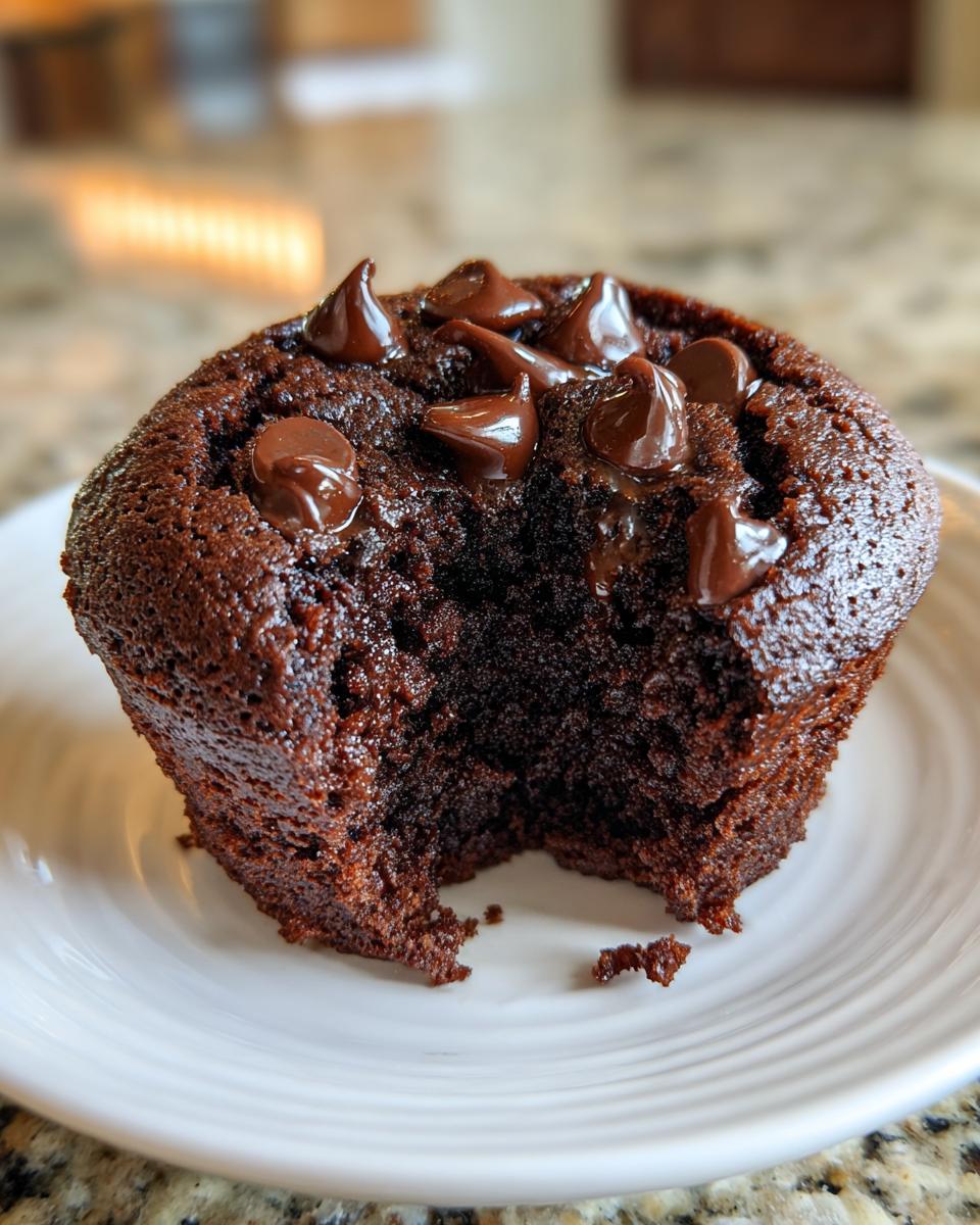 Close-up of a rich, dark chocolate muffins with melted chocolate chips on top, showing a bite taken out.