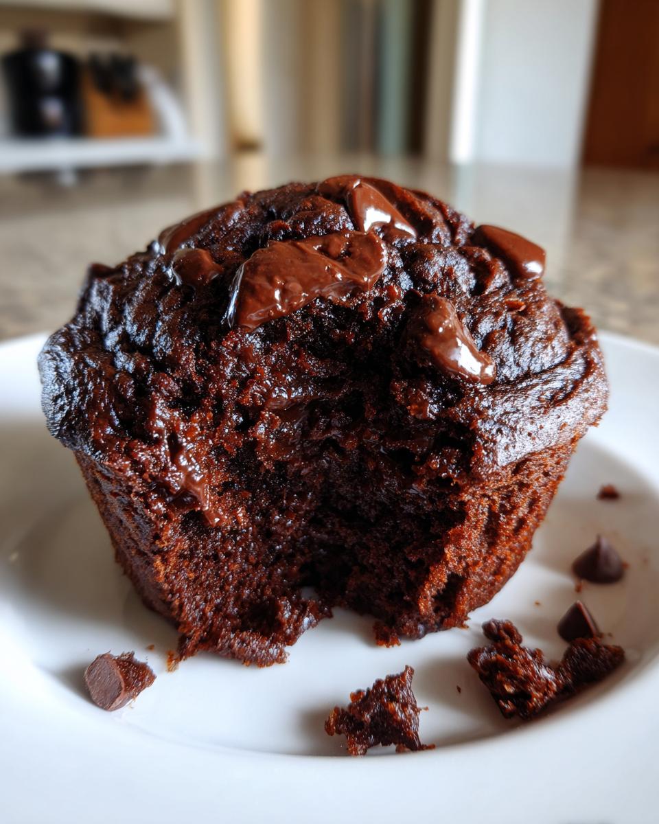 Close-up of a rich, dark chocolate muffin with a bite taken out, showing gooey melted chocolate chips on top.