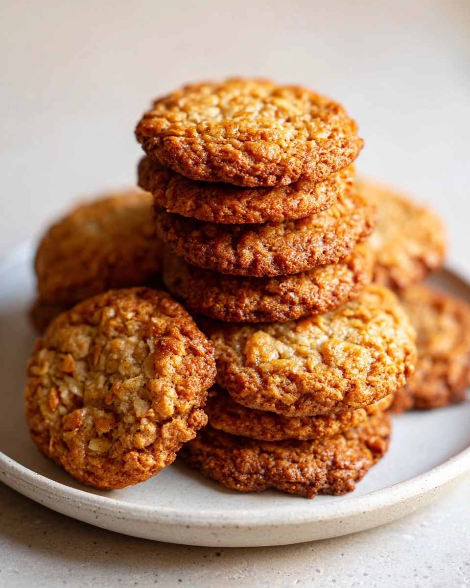A tall stack of freshly baked, golden brown oatmeal coconut cookies resting on a light ceramic plate.