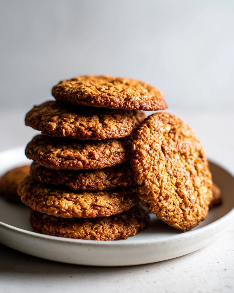 A tall stack of golden brown oatmeal coconut cookies resting on a light ceramic plate.