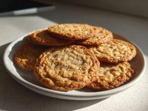 A stack of freshly baked, golden brown oatmeal coconut cookies resting on a light-colored plate.