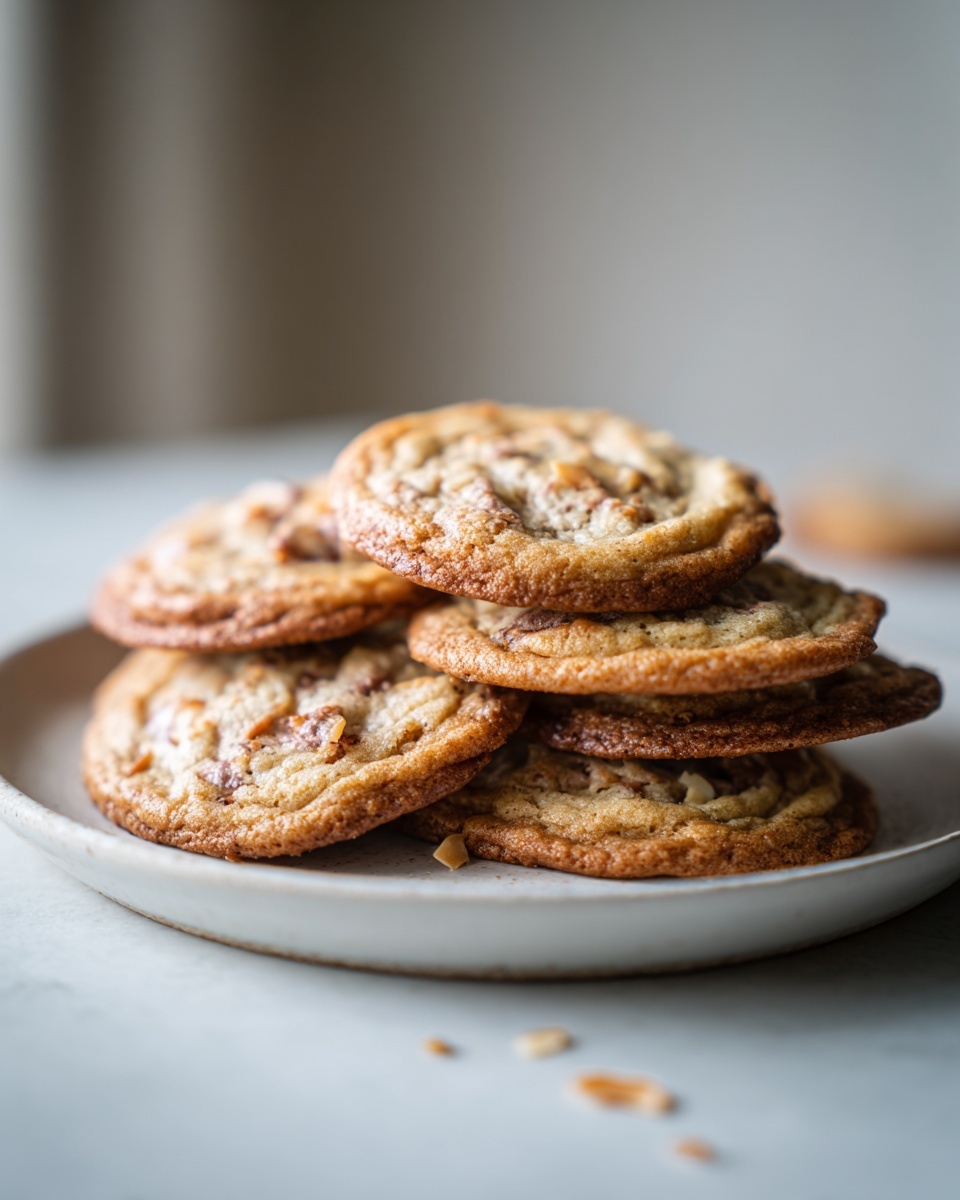 A stack of freshly baked, chewy oatmeal coconut cookies resting on a small, light-colored ceramic plate.