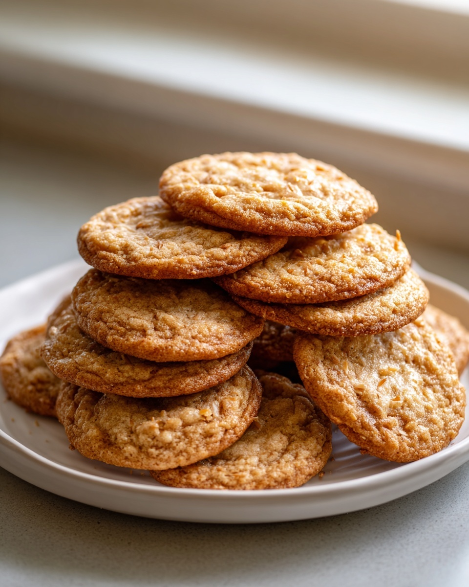 A tempting stack of freshly baked oatmeal coconut cookies piled high on a white plate.