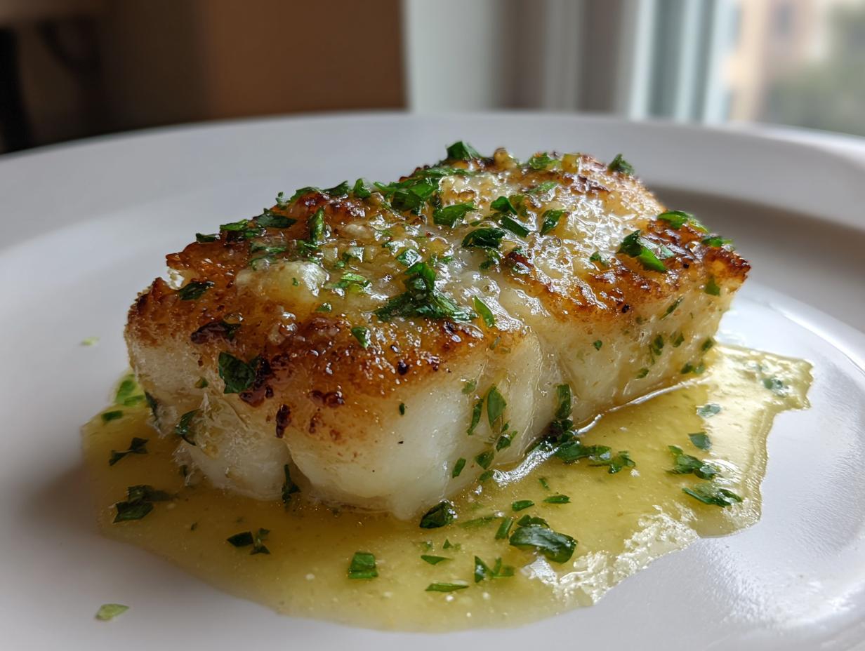 Close-up of a golden-brown, pan seared chilean sea bass recipe fillet resting in lemon-herb butter sauce.