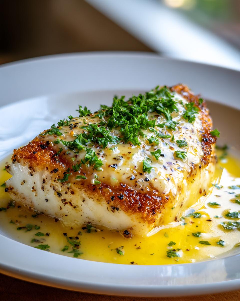 Close-up of a perfectly pan seared chilean sea bass recipe fillet topped with lemon butter sauce and fresh parsley.