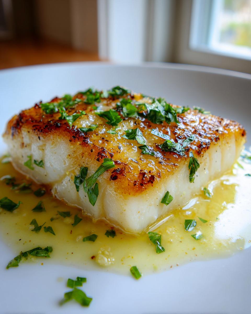 Close-up of a golden-brown pan seared chilean sea bass recipe fillet topped with fresh parsley.