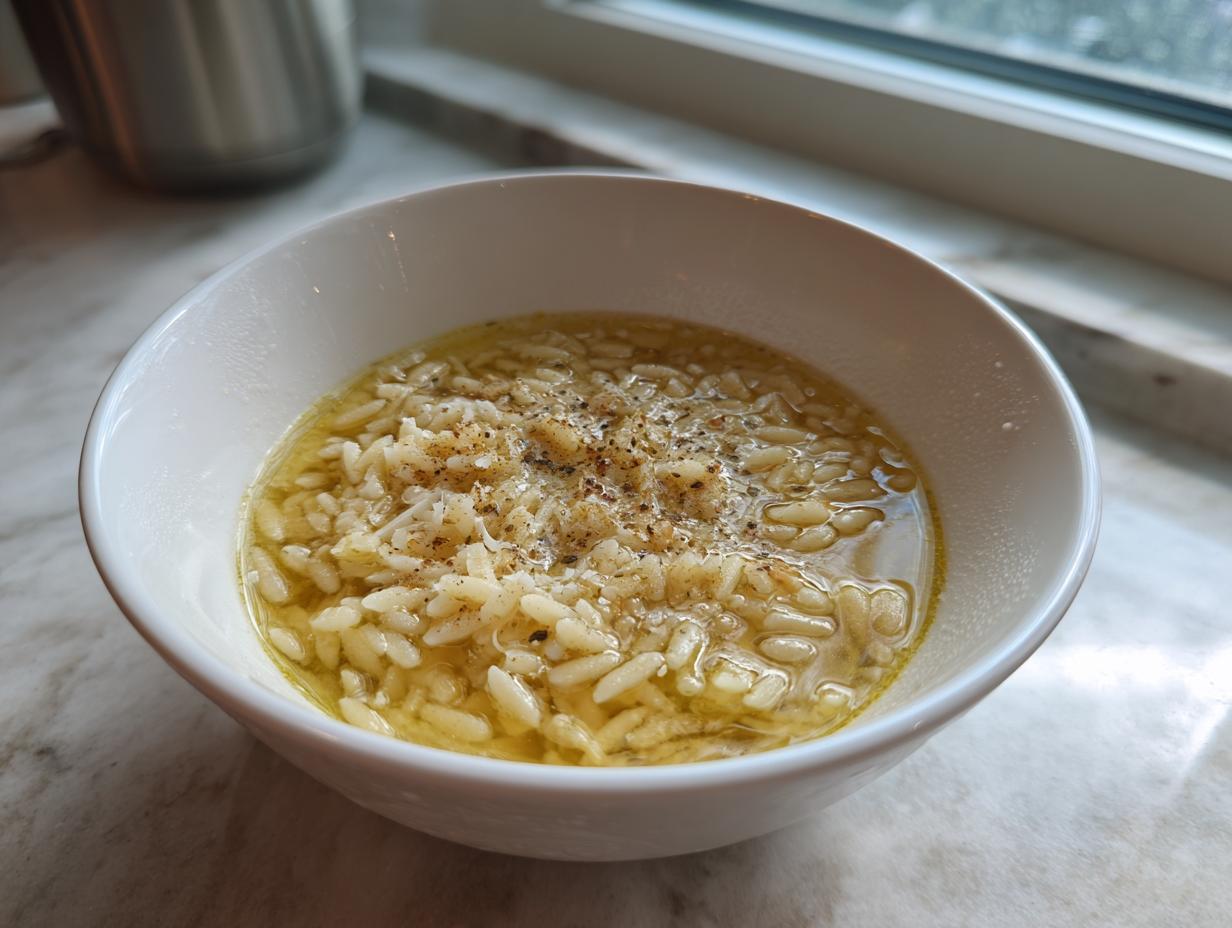 A close-up of a white bowl filled with simple pastina soup italian penicillin, topped with pepper and cheese.