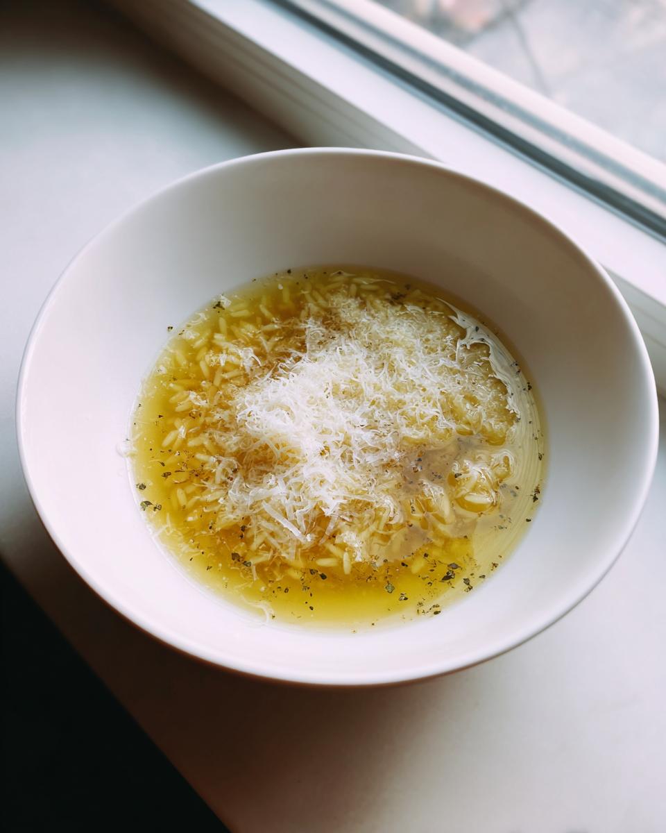 A white bowl filled with Italian pastina soup, topped generously with grated Parmesan cheese and herbs.