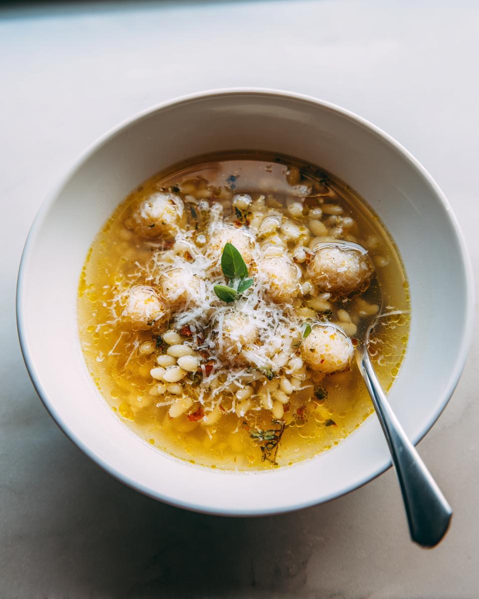 Overhead view of a bowl of comforting pastina soup italian penicillin with tiny meatballs, pasta, and grated cheese.