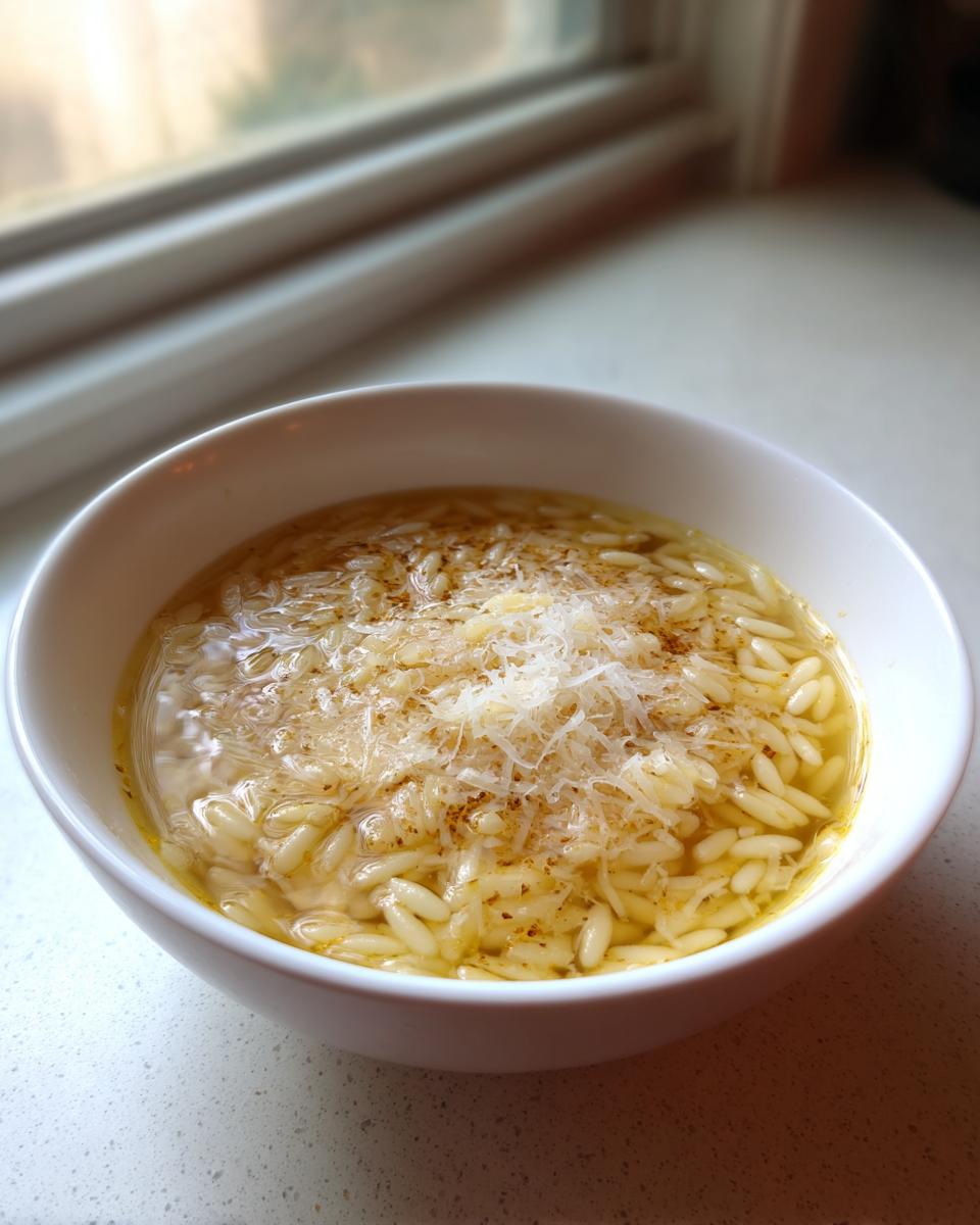 A white bowl filled with warm pastina soup italian penicillin, topped with grated Parmesan cheese.
