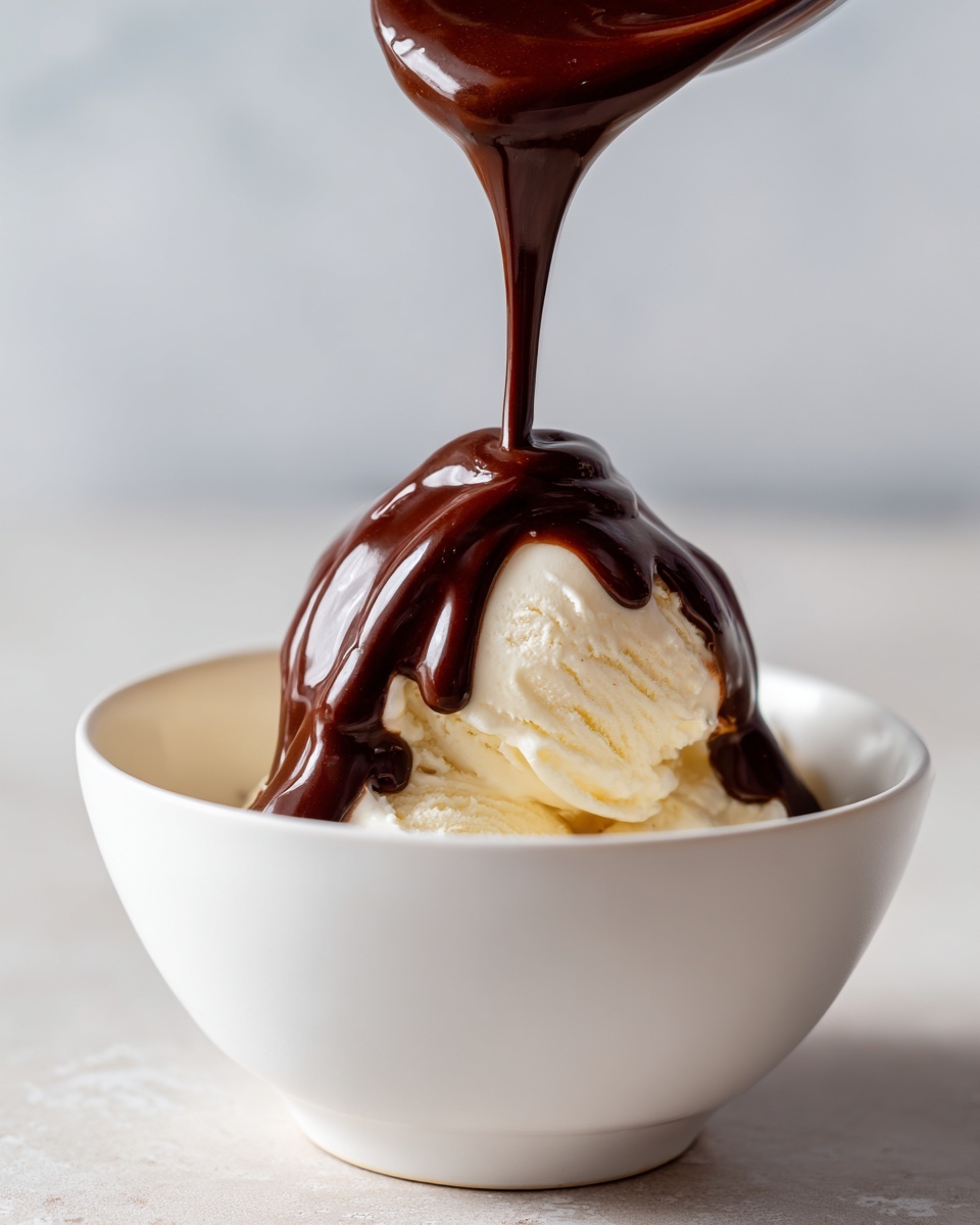 A spoonful of rich, glossy chocolate sauce for ice cream being poured over a scoop of vanilla ice cream in a white bowl.