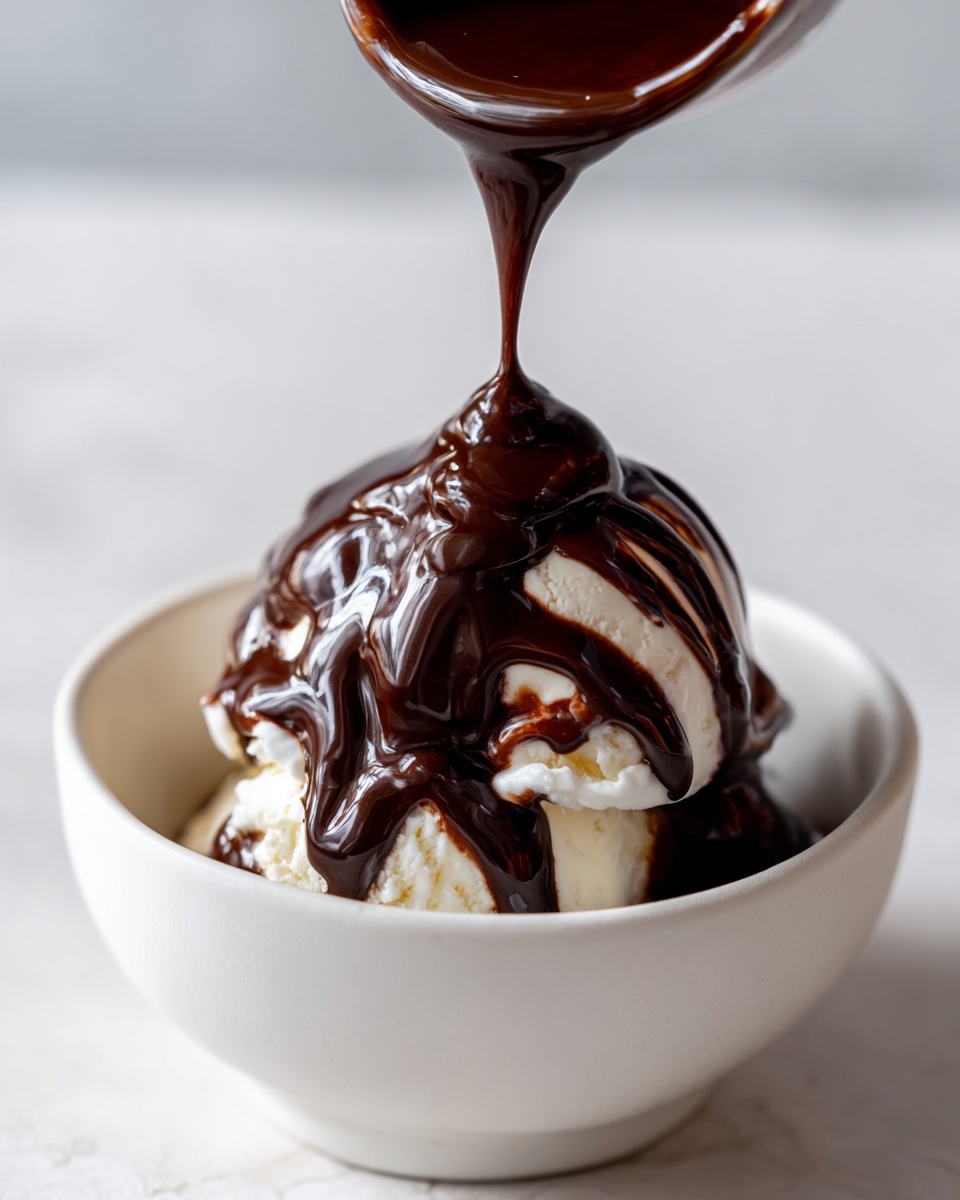 Rich, glossy chocolate sauce for ice cream being poured over scoops of vanilla ice cream in a white bowl.