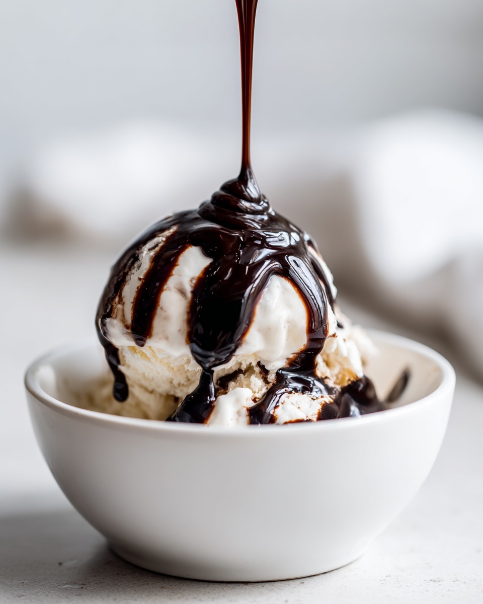 Close-up of thick, dark chocolate sauce for ice cream being poured over a scoop of vanilla ice cream in a white bowl.