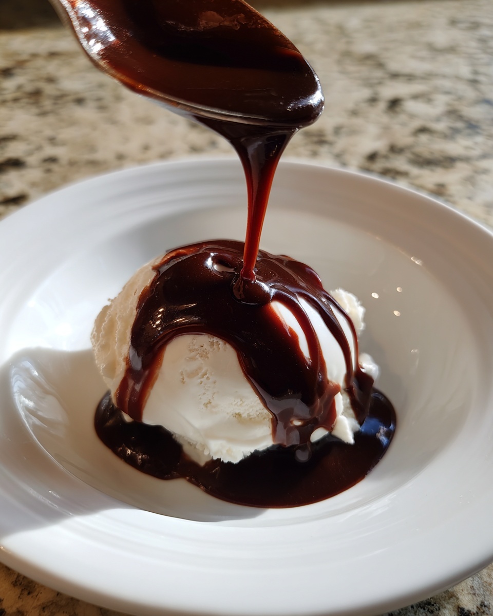 A spoon pours thick, glossy chocolate sauce over a scoop of vanilla ice cream in a white bowl.