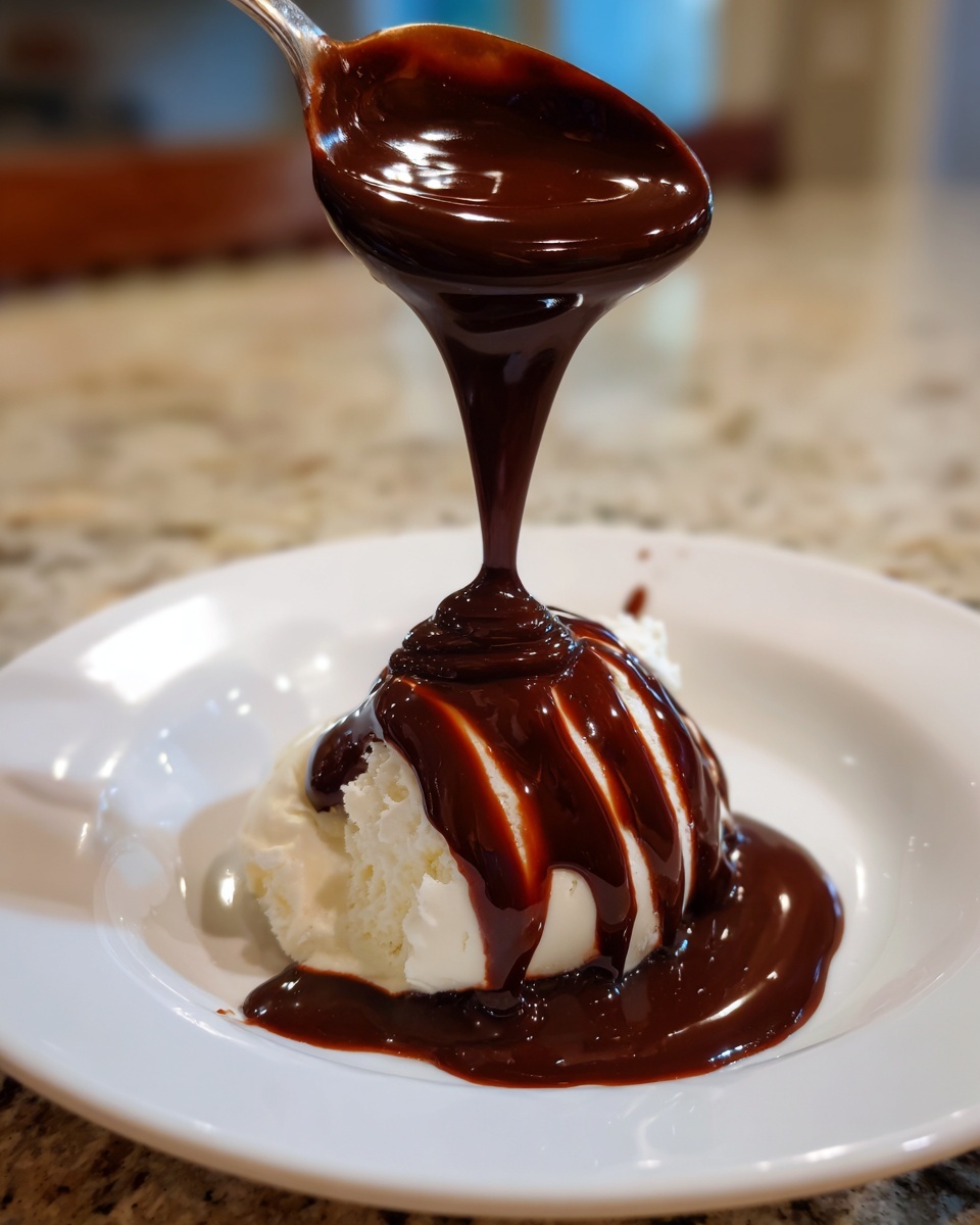 A spoonful of thick, glossy chocolate sauce is being poured over a scoop of vanilla ice cream.