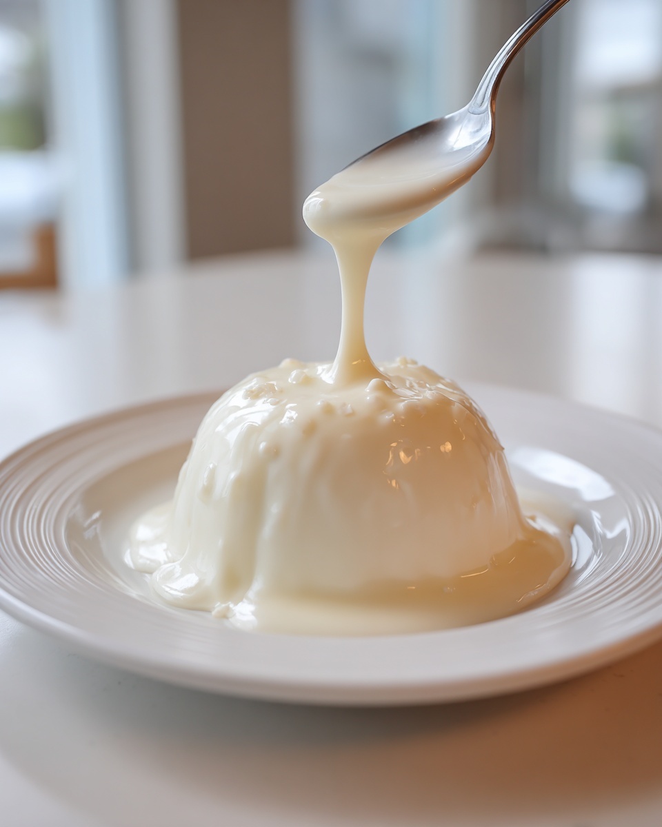 A spoonful of thick white chocolate sauce being drizzled over a dome-shaped dessert on a white plate.