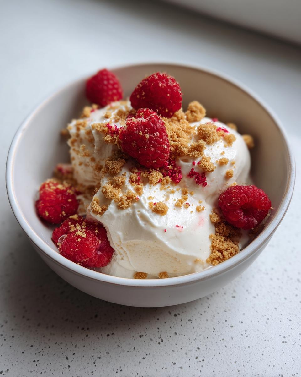 Close-up of a creamy protein cheesecake bowl topped with fresh raspberries and graham cracker crumbs.
