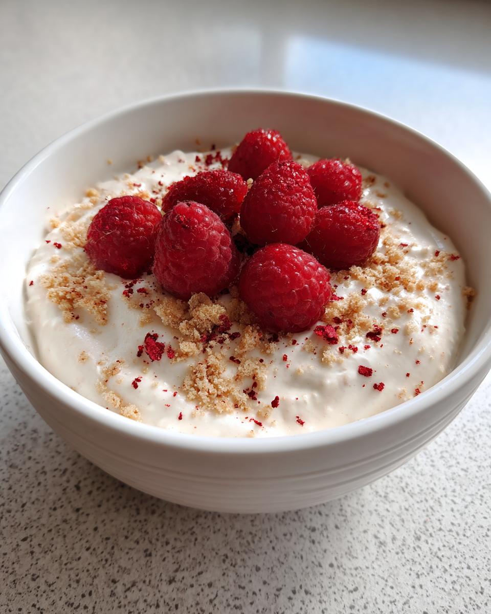 Close-up of a creamy protein cheesecake bowl topped with fresh raspberries and graham cracker crumbs.