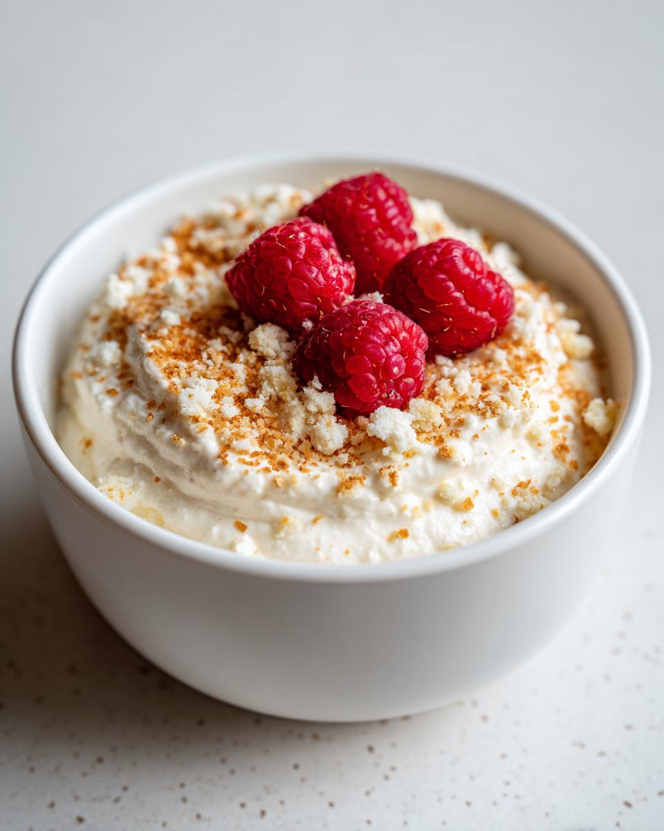 Close-up of a fluffy protein cheesecake bowl topped with fresh raspberries and graham cracker crumbs.