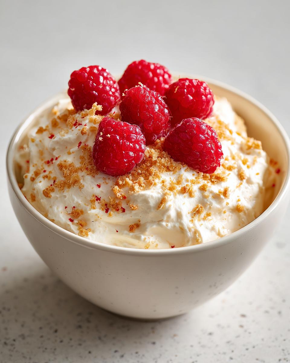 Close-up of a creamy protein cheesecake bowl topped with fresh raspberries and graham cracker crumbs.