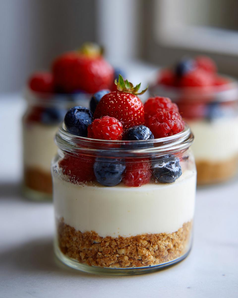 Close-up of an individual serving of Protein Cheesecake layered with a crust and topped with fresh strawberries, blueberries, and raspberries.