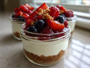 Close-up of a single-serving Protein Cheesecake in a small glass jar topped with fresh strawberries and blueberries.