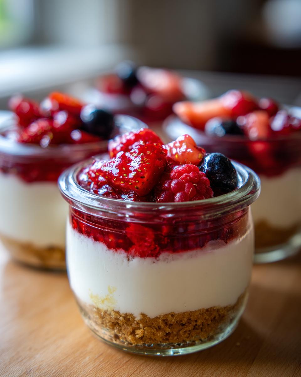 Close-up of an individual serving of Protein Cheesecake in a jar, layered with crust, cream, and mixed berries.
