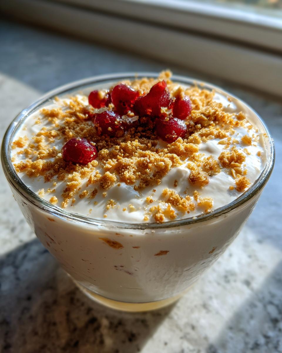 Close-up of a glass serving of creamy protein cheesecake pudding topped with graham cracker crumbs and red currants.