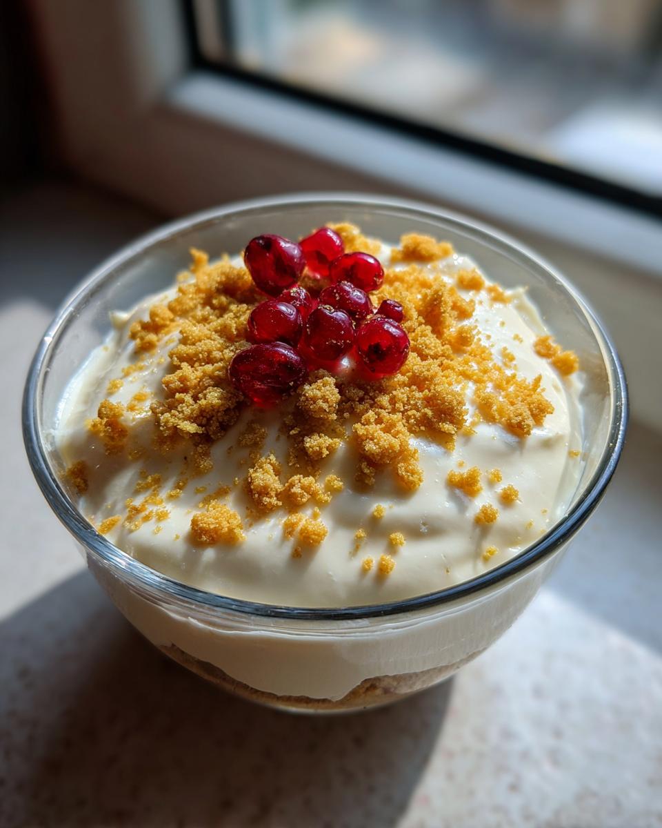 Close-up of a glass serving of creamy protein cheesecake pudding topped with graham cracker crumbs and red currants.