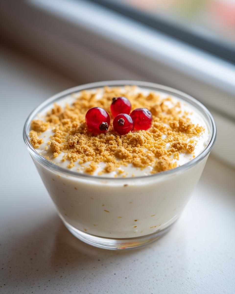 A glass serving of creamy protein cheesecake pudding topped with graham cracker crumbs and four red currants.