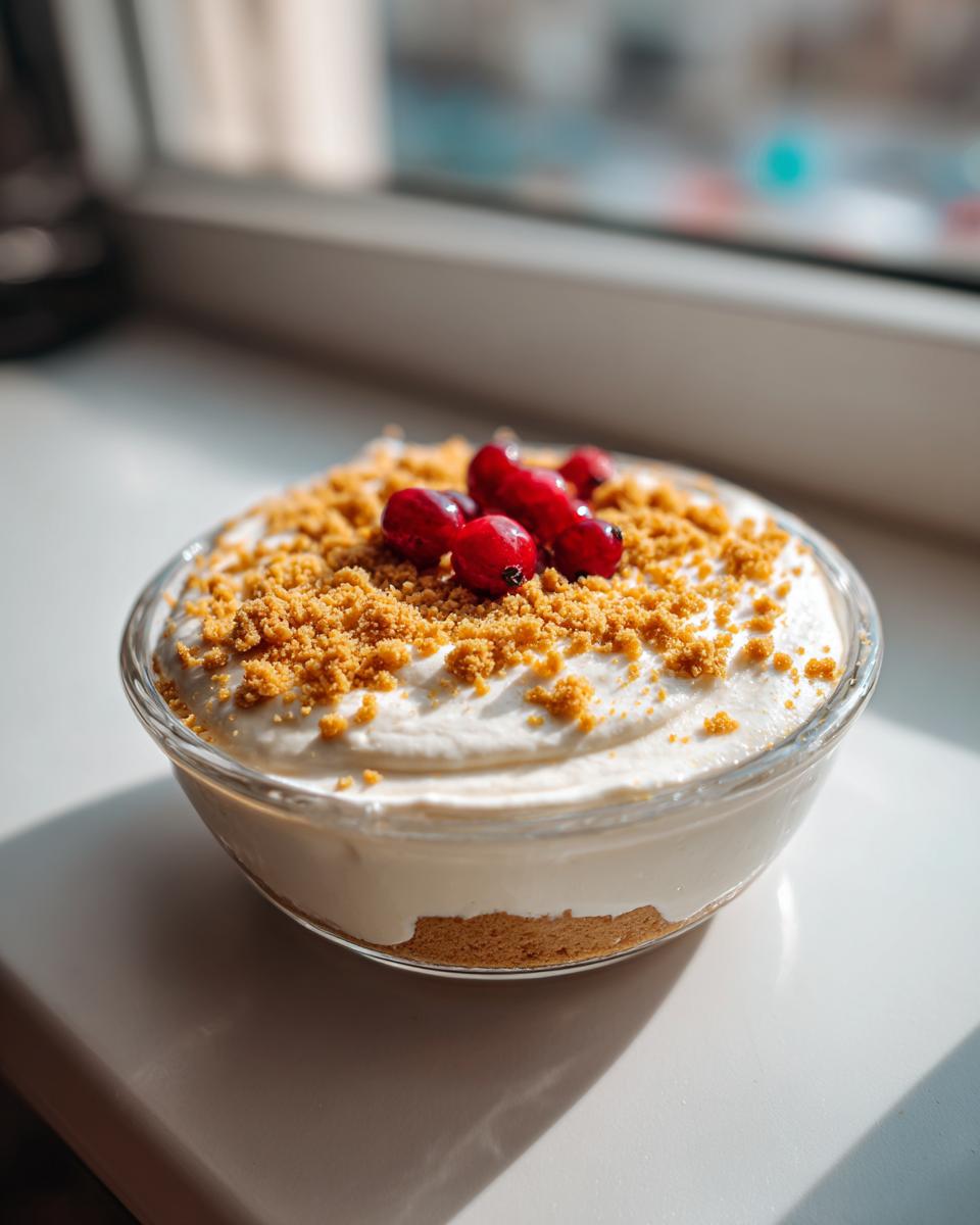 A single serving of protein cheesecake pudding topped with graham cracker crumbs and red currants.