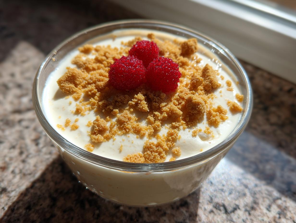 Close-up of a single serving of creamy protein cheesecake pudding topped with graham cracker crumbs and three fresh raspberries.