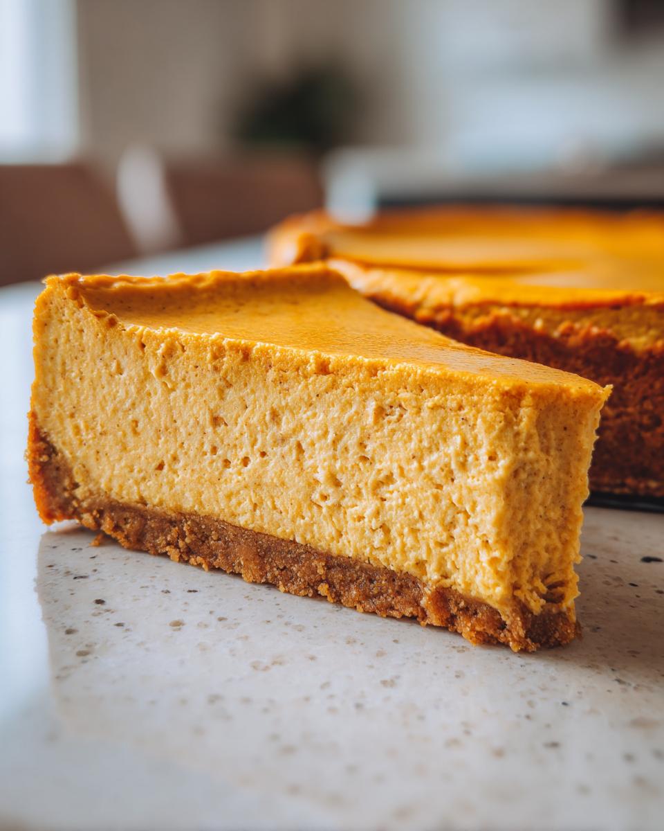 Close-up of a thick slice of orange pumpkin protein cheesecake showing the creamy filling and graham cracker crust.