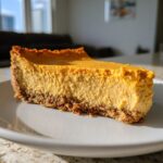 Close-up of a thick slice of pumpkin protein cheesecake with a graham cracker crust on a white plate.