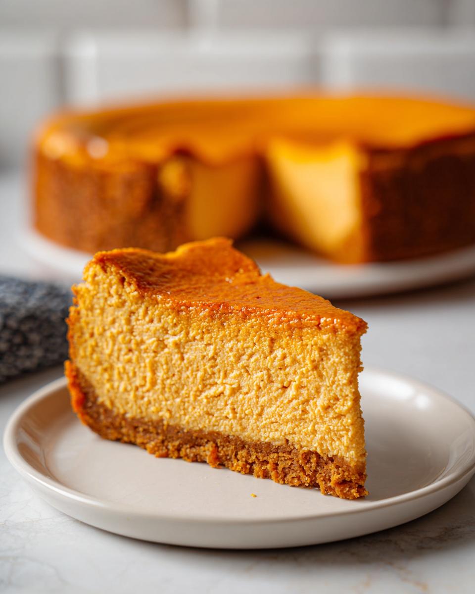 Close-up of a thick slice of vibrant orange pumpkin protein cheesecake with a graham cracker crust.