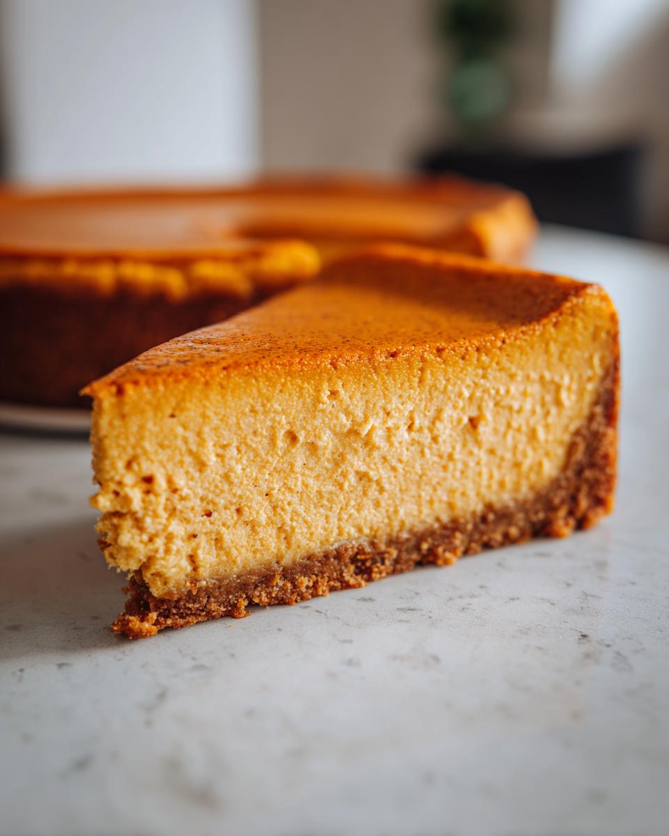 A close-up slice of rich orange pumpkin protein cheesecake showing a thick graham cracker crust.