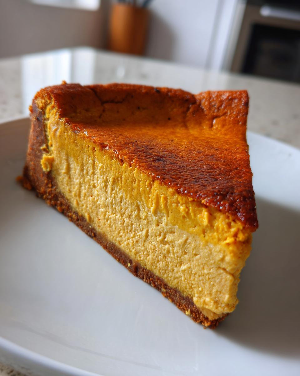 A close-up of a thick slice of golden pumpkin protein cheesecake with a dark crust on a white plate.
