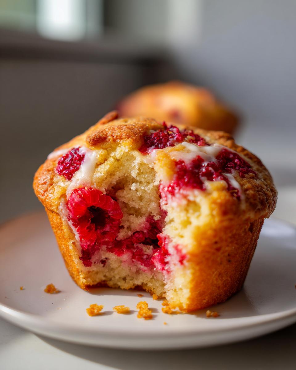 Close-up of a raspberry white chocolate muffin with a bite taken out, showing moist interior and fresh raspberries.