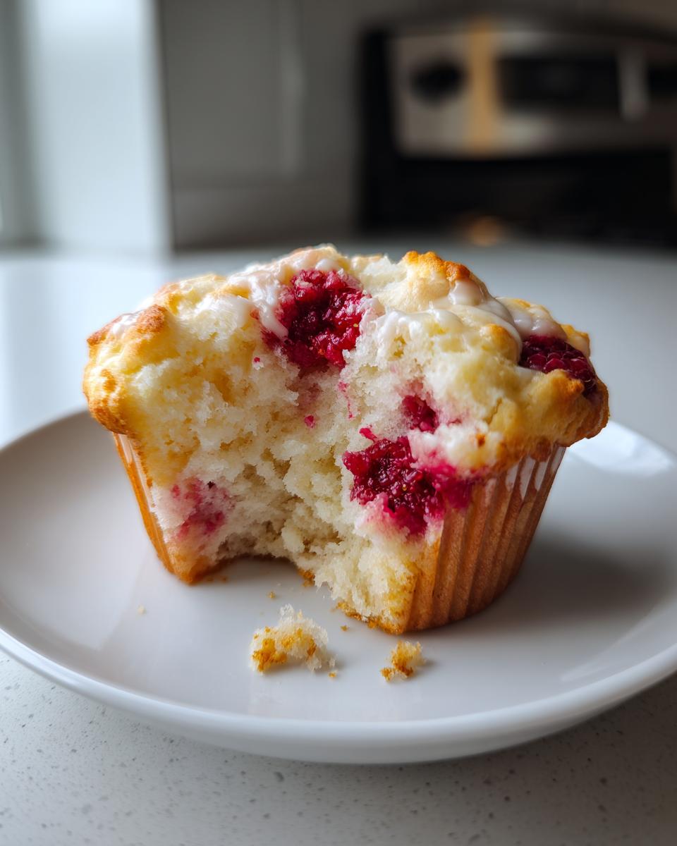 Close-up of a raspberry white chocolate muffin with a bite taken out, showing moist crumb and pink raspberries.