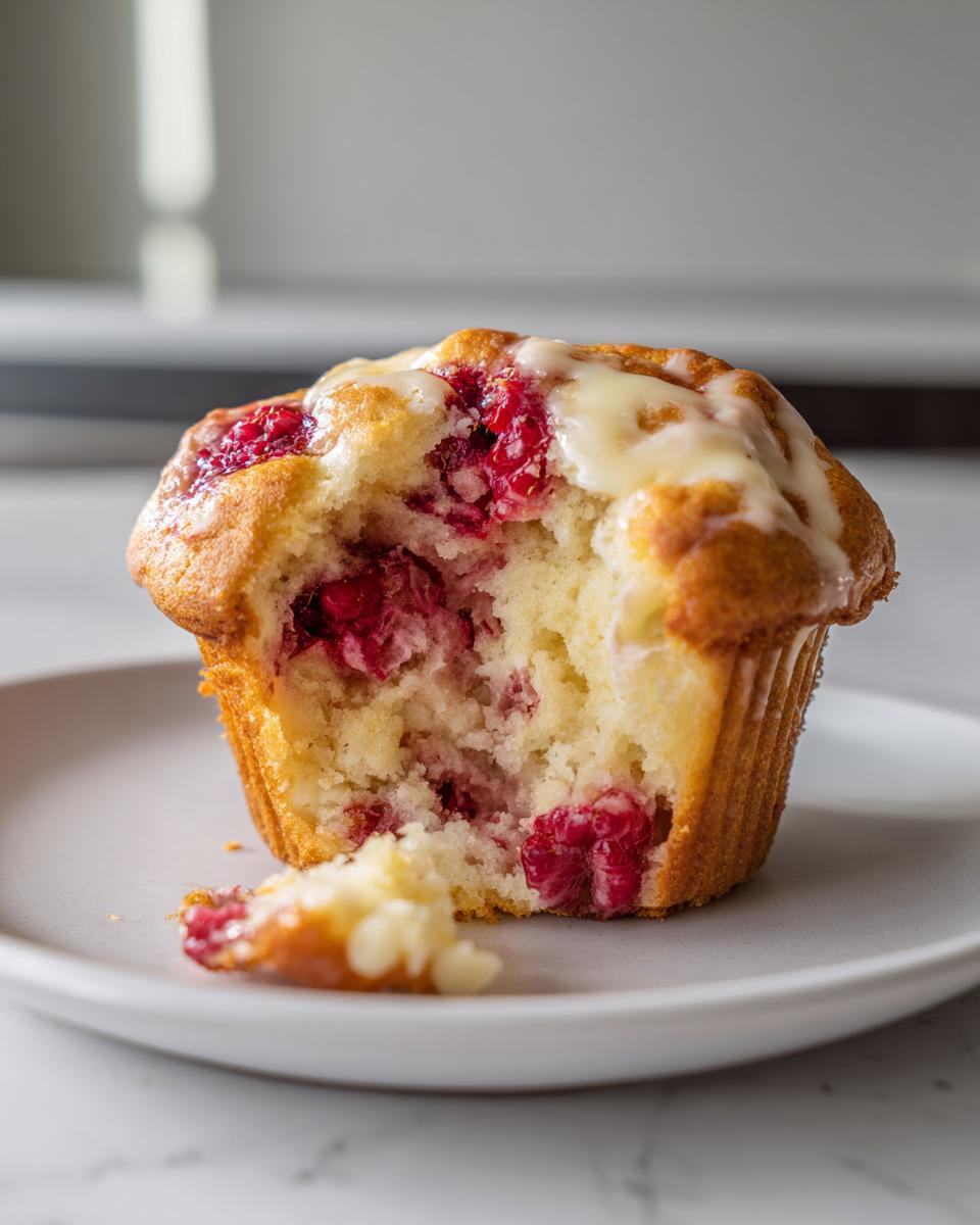 A raspberry white chocolate muffin broken open to show the moist interior filled with bright red raspberries and topped with a white glaze.