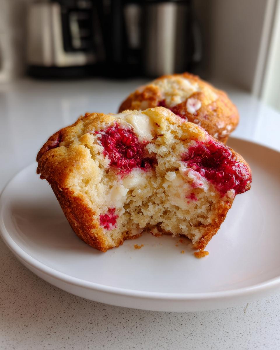 Close-up of a raspberry white chocolate muffin cut in half showing moist crumb, raspberries, and white chocolate chunks.