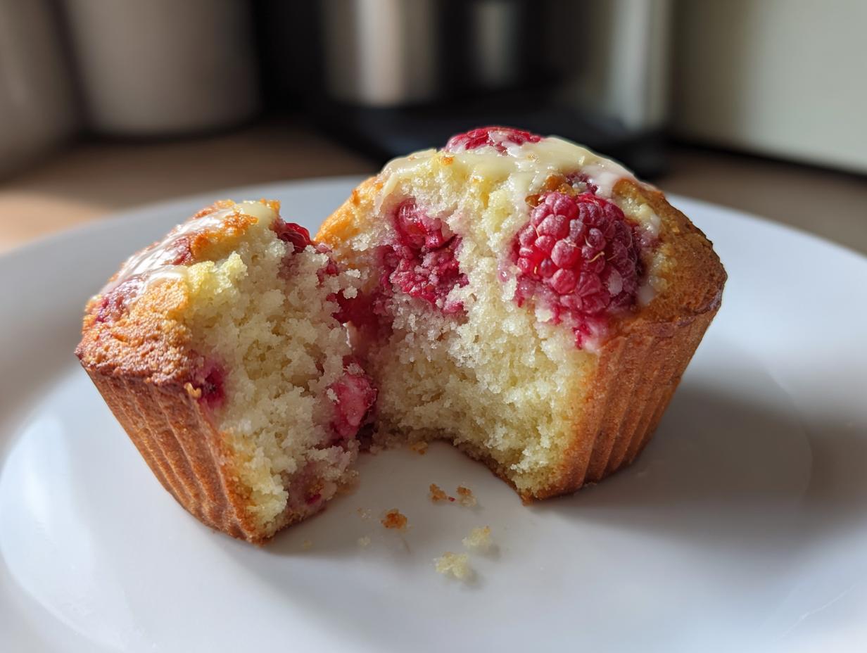 A raspberry white chocolate muffin cut in half showing the moist interior, fresh raspberries, and white chocolate drizzle.