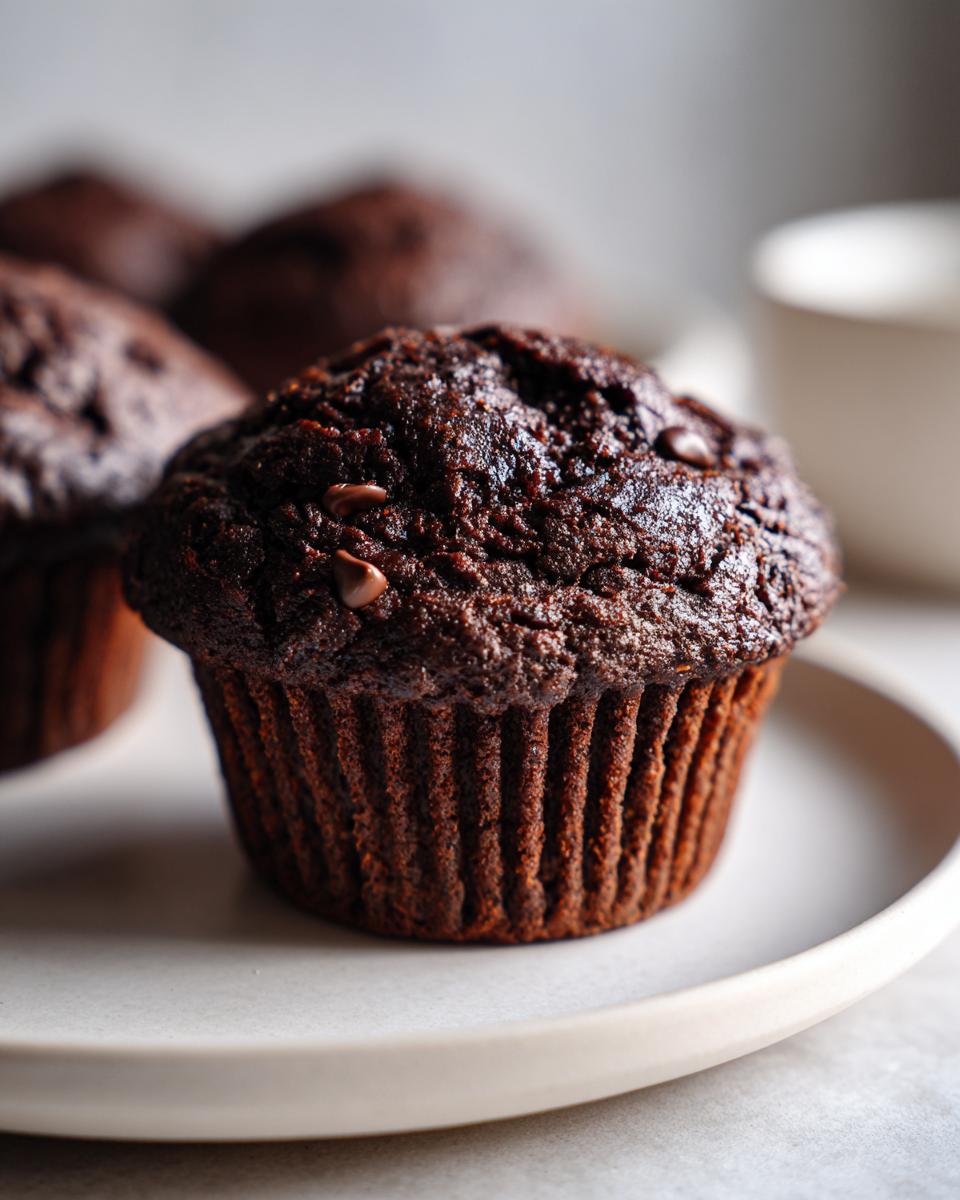A close-up of one dark, rich healthy chocolate muffins sitting on a light plate with more muffins blurred in the background.